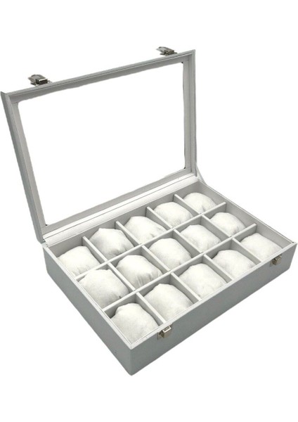 Beyaz Deri Kapaklı Saat Kutusu 15'li Şık Organizer