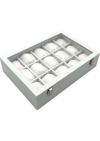 Beyaz Deri Kapaklı Saat Kutusu 15'li Şık Organizer fiyatları