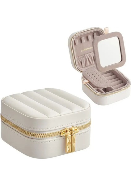 Şık Ekru Mini Lüx Aynalı Seyahat Takı Kutusu, Pratik ve Hafif Taşıma Için Uygun