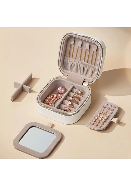 Şık Ekru Mini Lüx Aynalı Seyahat Takı Kutusu, Pratik ve Hafif Taşıma Için Uygun modelleri