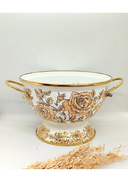 Sarı Gül Emaye Dekoratif Süzgeç Kevgir Meyvelik Sunumluk