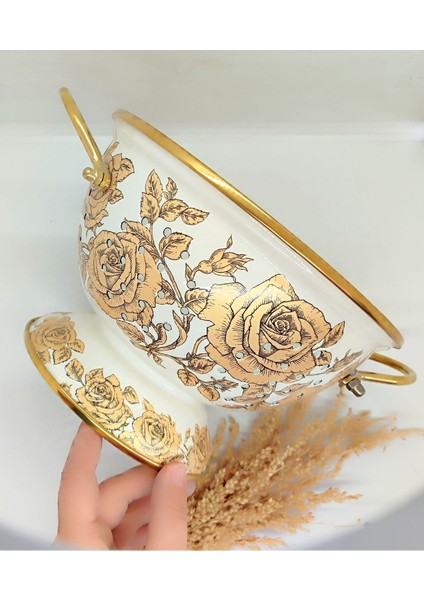 Sarı Gül Emaye Dekoratif Süzgeç Kevgir Meyvelik Sunumluk modelleri