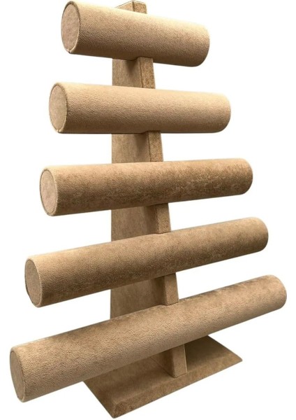 Süet Kumaş Bileklik ve Saat Sergileme Standı, 45/34 Cm, Beş Kademeli, Sütlü Kahve