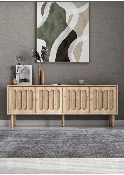İskandinav Tv Sehpası ,tv Ünitesi , Konsol Jüt Kumaşlı Mdf E180xd39xy49cm (ÖZEL TASARIM)