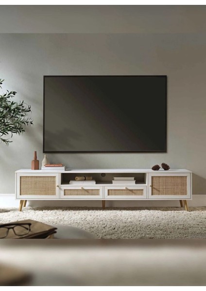İskandinav Tv Sehpası ,tv Ünitesi , Konsol Jüt Kumaşlı Beyaz Mdf E180xd39xy49cm