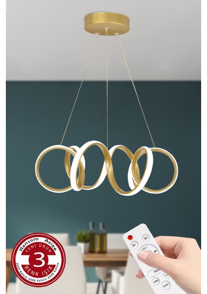 3 Renk Kumandalı Gold Kasa Dimmerli LED Avize Kıvrım Ledli Avize