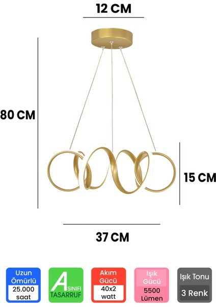 3 Renk Kumandalı Gold Kasa Dimmerli LED Avize Kıvrım Ledli Avize