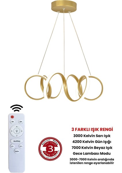 3 Renk Kumandalı Gold Kasa Dimmerli LED Avize Kıvrım Ledli Avize