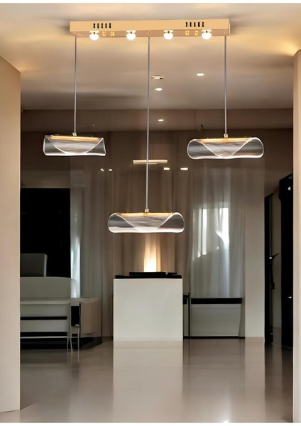 Modern Tasarım Vegas LED Avize Üçlü Sıralı Ledli Gold Sarı