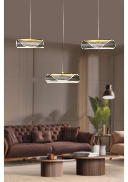 Modern Tasarım Vegas LED Avize Üçlü Sıralı Ledli Gold Sarı