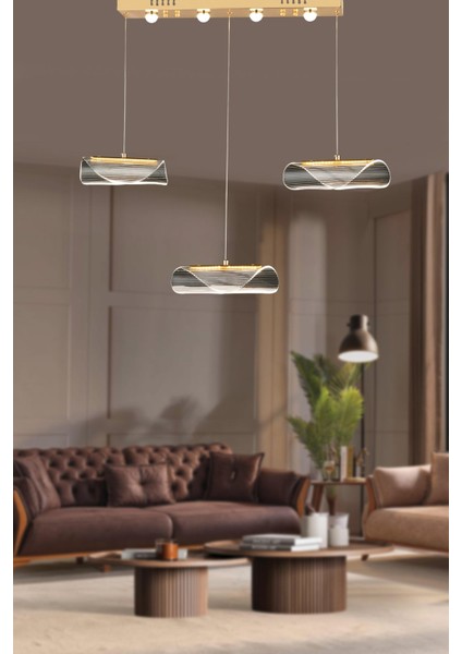 Modern Tasarım Vegas LED Avize Üçlü Sıralı Ledli Gold Sarı