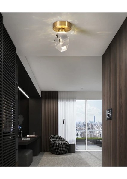 Modern Concept Kristal Camlı Gold Detaylı Tekli Plafonyer Tavan Ledli Avize