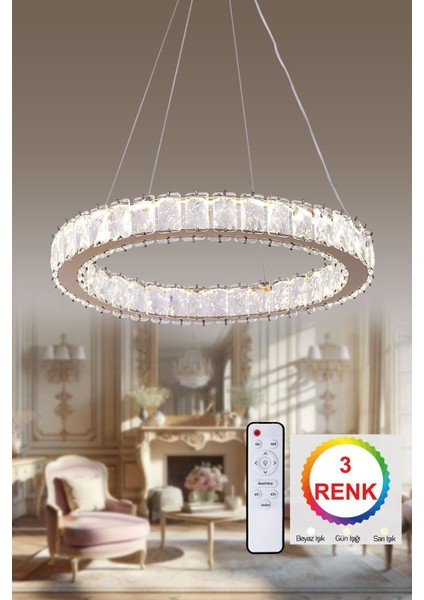 Milas 3 Renk Kumandalı ve Dimmerli Gold ( Sarı Beyaz ve Gün Işığı ) Luxury LED Avize