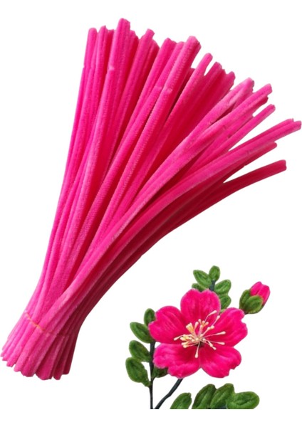 50 Adet Koyu Pembe Şönil, Eğitici Şönil Seti, Yoğun Tüylü Tel, 30 cm