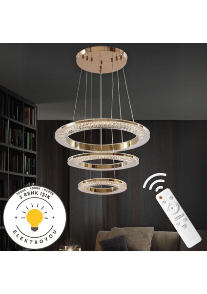 Kristal 3 'lü Sarkıt Gold Kumandalı 3 Renk Işıklı Ultra Ledli Avize
