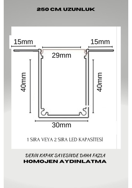 Gömme Derin LED Kanalı 250 Cm. /homojen Işık/ Sıva Altı LED Kanalı Beyaz - Ankastre LED Kanalı fiyatları