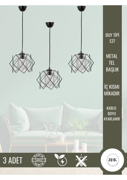 3 Adet Siyah Jaka Mika Camlı Füme Sarkıt Avize Salon, Mutfak, Koridor, Antre