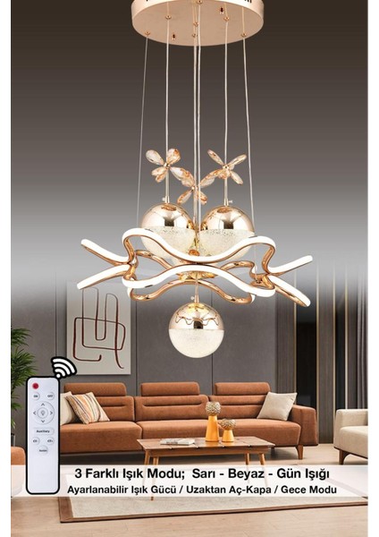King 3 Renk Kumandalı ve Dimmerli Gold ( Sarı Beyaz ve Gün Işığı ) Luxury LED Kristal Taşlı Avize