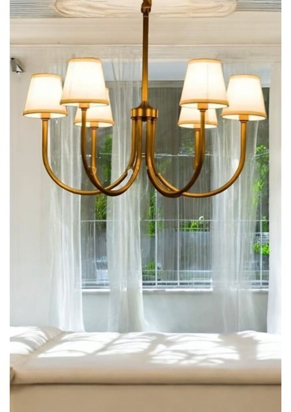 Modern Avize Eskitme Gold 6 Lı Krem Abajur Tasarım Avize