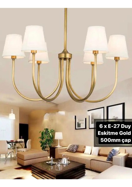 Modern Avize Eskitme Gold 6 Lı Krem Abajur Tasarım Avize