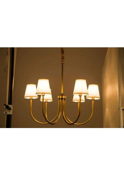 Modern Avize Eskitme Gold 6 Lı Krem Abajur Tasarım Avize