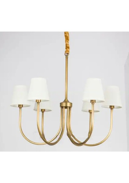 Modern Avize Eskitme Gold 6 Lı Krem Abajur Tasarım Avize