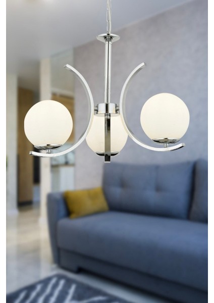 Plüton 3'lü Krom Modern Mutfak Salon Avize