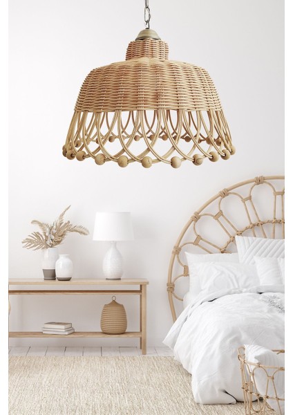 Rattan Bambu Hasır Sarkıt Avize Boncuklu 35 cm