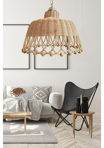 Rattan Bambu Hasır Sarkıt Avize Boncuklu 35 cm
