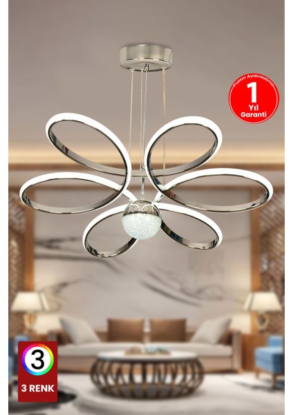 3 Renk Toplu Krom Salon LED Avize Papatya Ledli Avize Büyük Salon Avizesi Kumandasız
