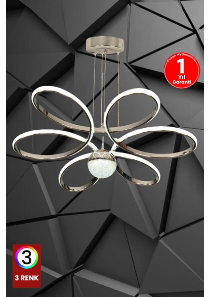 3 Renk Toplu Krom Salon LED Avize Papatya Ledli Avize Büyük Salon Avizesi Kumandasız