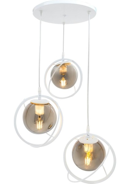 Dünya 3 Lu Tepsi. Glop Füme Rengi Camlı Beyaz Avize. Salon, Mutfak, Genç, Odası, Yatak Odası, Mağaz modelleri