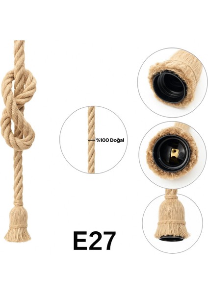 Jüt Halat Sarkıt Avize Kablolu Halatlı Rustik Lamba (100 Cm)