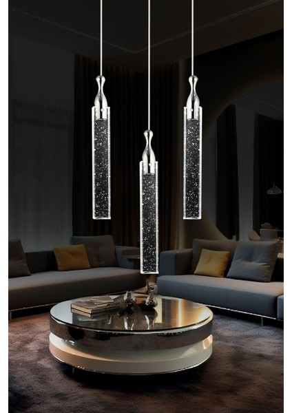 Klaus 3'lü Yuvarlak 3 Renkli 48 Watt Krom Kristal Ledli Modern Oturma Odası Salon Sarkıt Avize