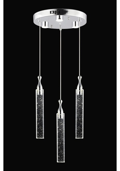 Klaus 3'lü Yuvarlak 3 Renkli 48 Watt Krom Kristal Ledli Modern Oturma Odası Salon Sarkıt Avize
