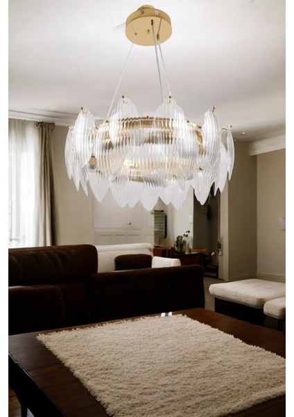 Yapraklı Ultra Lüx Kristal Camlı 8li Modern Avize