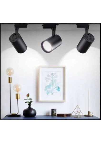 Öztekten Siyah Kasa ve Beyaz Işık 3 Adet 360 Derece Dönen LED Ray Spot Lamba 1 Metre Raylı Armatür