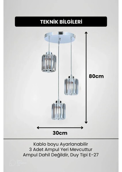 Lüx 3 Lü Krom Sarkıt Kristal Avize