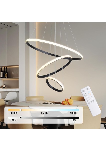Modern 3'lü Halka LED Avize - 3 Renkli Kumandalı, 40-30-20CM