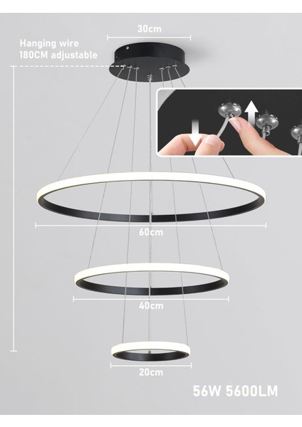 Modern 3'lü Halka LED Avize - 3 Renkli Kumandalı, 40-30-20CM