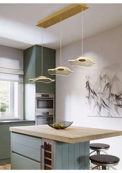 Modern Lotus 3 Lü Yemek Masası Sıralı Sarkıt Avize French Gold Sarı Power LED Avize Warm White