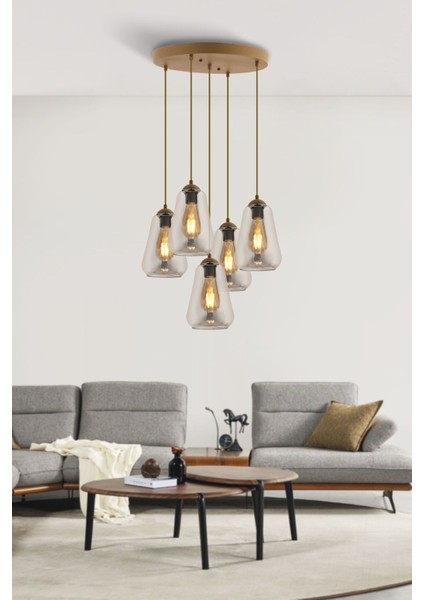 Rita 5'li Yuvarlak Eskitme Füme Camlı Modern Salon Sarkıt Avize
