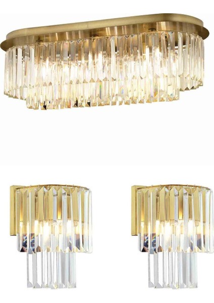 Nilüfer Dikdörtgen Eskitme 3 Parça Kristalli Taşlı Modern Tasarım Kristal Salon Avize-Aplik Seti