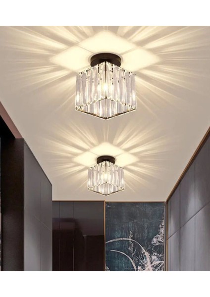 Modern Luxury Plafonyer Kristal Taşlı Avize Kare Hol Antre Salon Avizesi Siyah