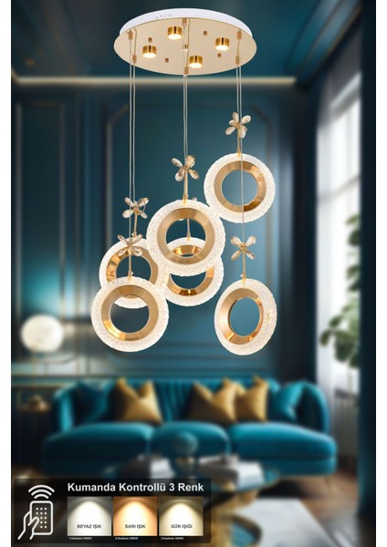 Ribera 6'lı Ledl Kumandalı Modern Lüks Sarkıt Avize, 3 Renk: Sarı-Beyaz-Gün Işığı - Gold
