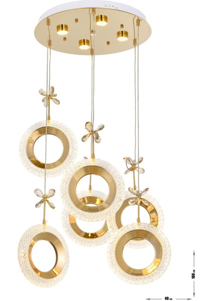 Ribera 6'lı Ledl Kumandalı Modern Lüks Sarkıt Avize, 3 Renk: Sarı-Beyaz-Gün Işığı - Gold