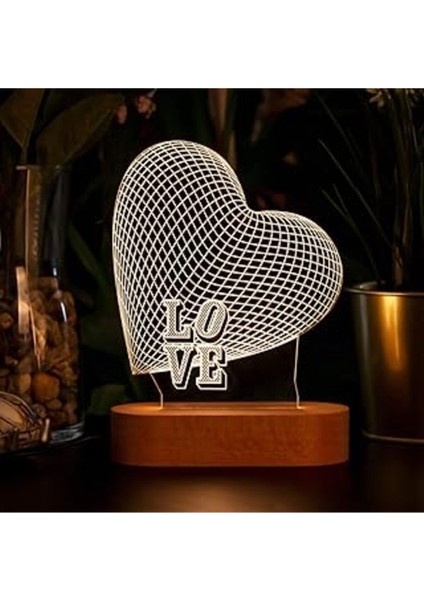 Love Yazılı 3 Boyutlu LED Masa Lambası - USB Bağlantılı Sarı Işık