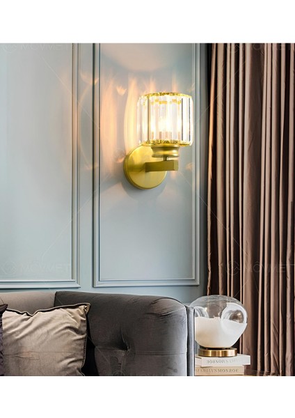 Modern Tasarım Kristal Taşlı Duvar Aplik 1 Adet Elektrikle Çalışır Eskitme Gold Gövde
