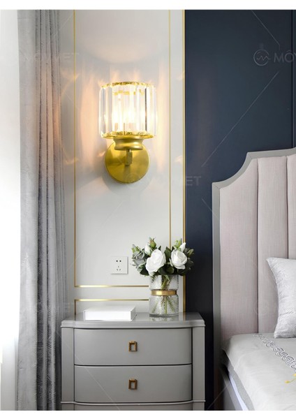 Modern Tasarım Kristal Taşlı Duvar Aplik 1 Adet Elektrikle Çalışır Eskitme Gold Gövde