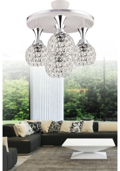 Defne 4 Lü Profenyal Tepsi Beyaz Krom Yaldızlı Kristal Top Lüks Salon Avizesi 35 Lik